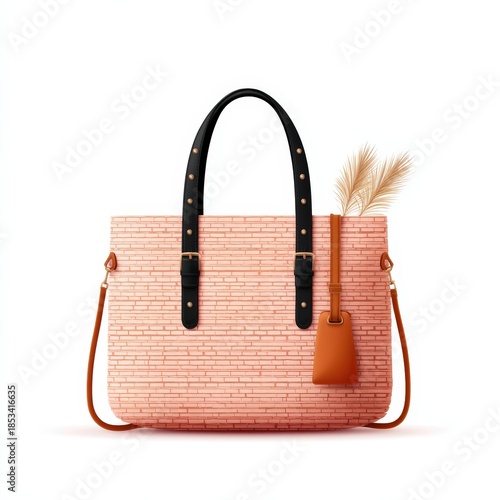 A stylish tote bag featuring a brick pattern, complemented by a brown leather strap and an elegant decorative element.