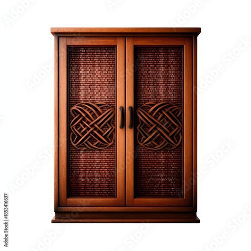 A stylish wooden cabinet featuring intricate woven patterns and decorative handles, ideal for home decor and storage.