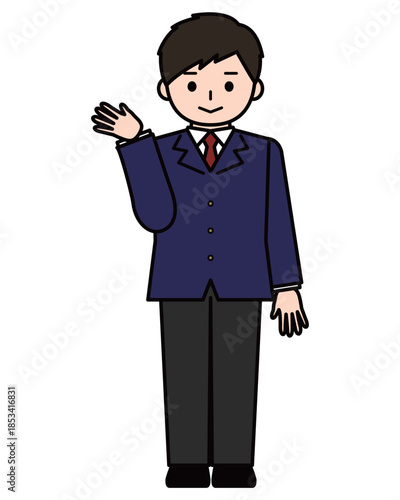 手を挙げて案内をする男の子