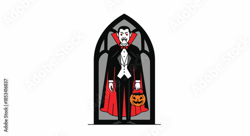 A cartoon vampire stands in a Gothic archway with a jack-o-lantern and cape, against a plain white background with a spooky and festive mood.
