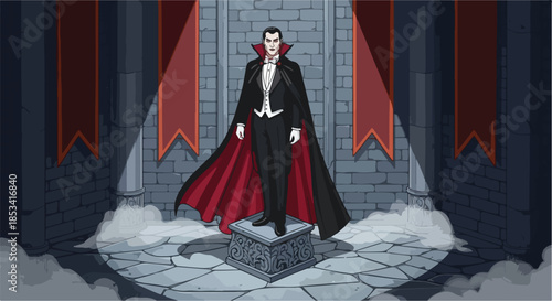 A cartoon vampire stands on a stone slab in a castle with a red cape and fangs, against a grey brick wall with red banners.