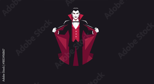 A cartoon vampire character in a black and red costume with a cape against a solid black background.