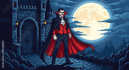A cartoon vampire stands confidently in front of a castle under a full moon with a dark and mysterious atmosphere.