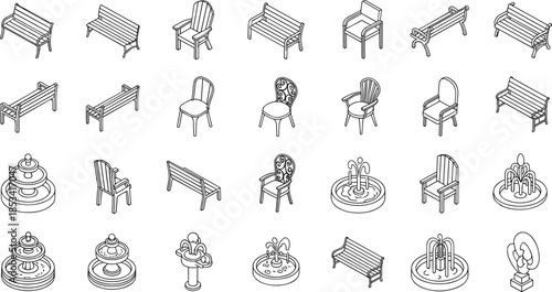 Isometric park benches, chairs, and decorative fountains collection showcasing outdoor seating furniture and garden elements for landscape design vector illustrations
