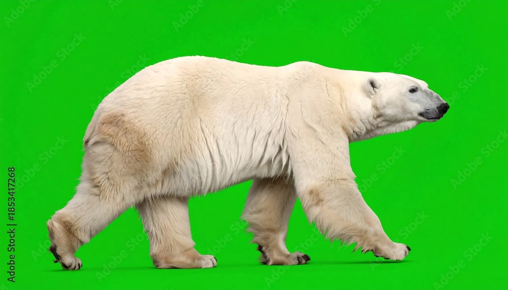 Fototapeta premium Full side view of a large, walking white mammal with thick fur, set against a vibrant green background. It shows all four paws