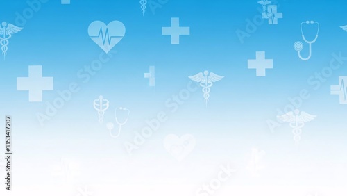 Abstract Medical Background with Health Symbols and Gradient Blue Design.
