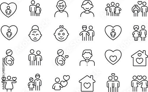 family love line icon set parents children baby relationship heart home care community ui ux outline symbols