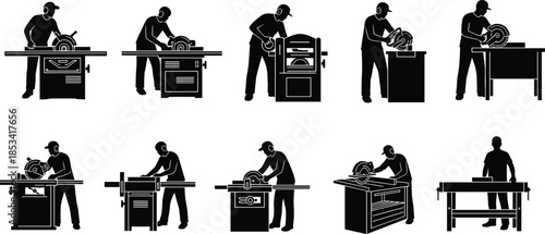 Carpenter and woodworker silhouettes using table saw and woodworking machines, professional workshop labor vector icon set