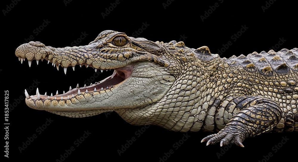 Fototapeta premium A powerful crocodile opens its formidable jaws widely revealing menacing sharp teeth under bright studio light. AI Generated