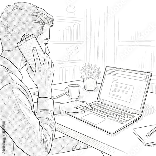 Man on phone call using laptop at desk, home office sketch