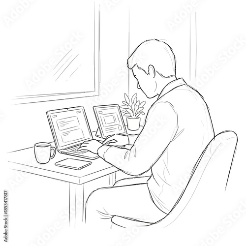 Man working on laptop and tablet at desk with coffee, home office sketch