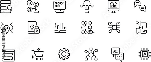modern business technology line icon set data analytics artificial intelligence communication network security ui ux outline symbols