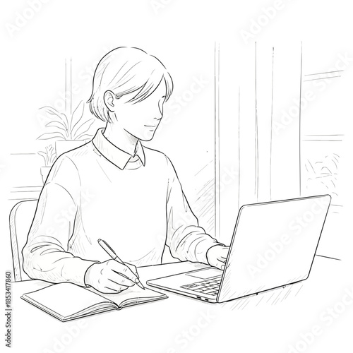 Person learning online, writing notes on notebook and using laptop computer