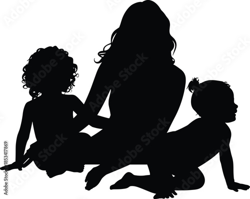 mother with children silhouette family love parenting care bonding motherhood concept black shadow isolated illustration emotional