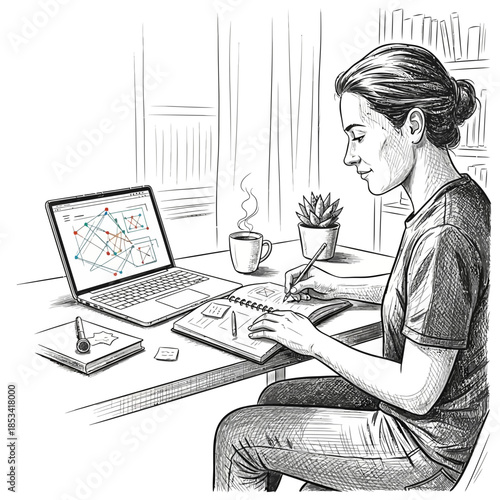 Woman studying or working remotely with laptop and notebook, sketching diagrams, at home desk with coffee.