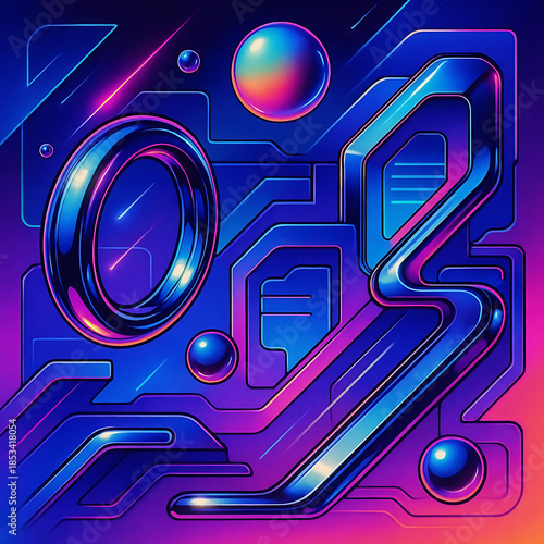 Vibrant retro-futurism Y2K art with chrome, neon glow, holographic tech shapes and cyber energy