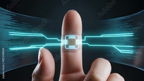 Close-up of finger touching microchip with glowing circuit lines