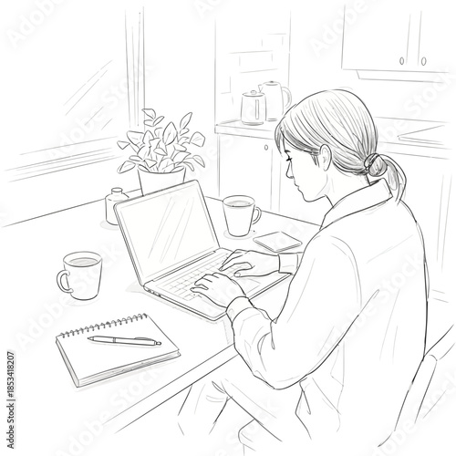 Young woman typing on a laptop at a table with coffee and notebook, home office illustration