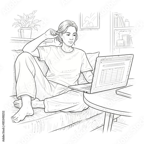Young woman working on laptop at home, relaxed pose on couch, sketch style