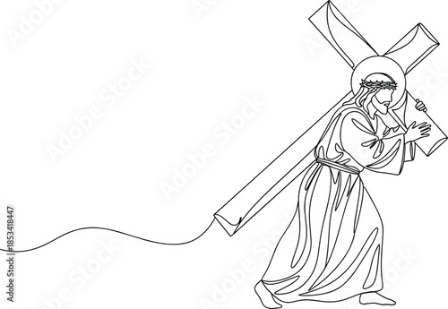 Jesus Christ Carrying the Cross Continuous Line Drawing Vector Illustration for Christian Easter and Religious Faith Design