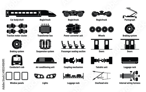 Train Component Silhouette Icons: Rail Transport Parts and Structure Set. Vector