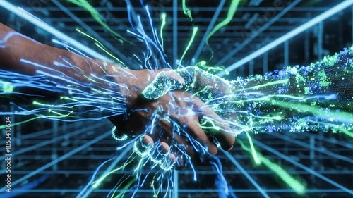 Two hands shake in a digital embrace. Blue and green energy streams and dots. Abstract art