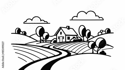 Farmhouse In Serene Rural Landscape With Fields.