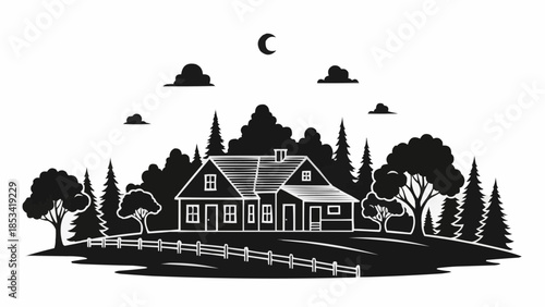 Rustic Farmhouse Silhouette Under a Crescent Moon.