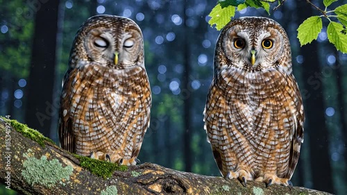 Two owls, brown and white feathers, perched on a branch covered in moss. Blurred forest background