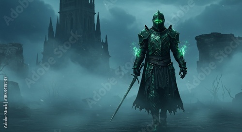 A lone armored knight with glowing green eyes walks determinedly through a desolate foggy land toward a distant dark fortress.. AI Generated