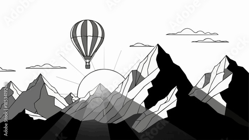Hot air balloon soaring above majestic mountain peaks at sunrise.