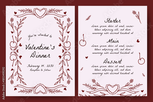 Hand drawn whimsical invitation card with heart, cherry, branches, ribbon, bows, coquette frames. trendy vintage style design for valentine, wedding, or birthday party