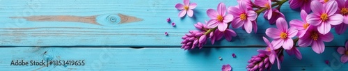 Delicate pink & purple lavender blossoms arranged on rustic blue wood , floral, bloom, table