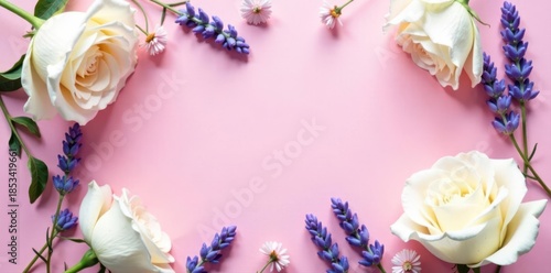 Delicate white roses & lavender in floral frame, pink backdrop , arrangement, soft