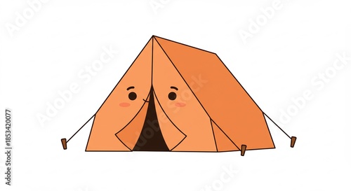 Friendly orange minimalist camping tent drawing with smiling eyes a delightful illustration for happy outdoor adventures. AI Generated