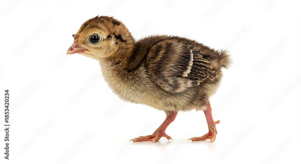 Obraz premium Tiny brown striped turkey poult stands alertly on a clean white background with vibrant studio lighting. AI Generated