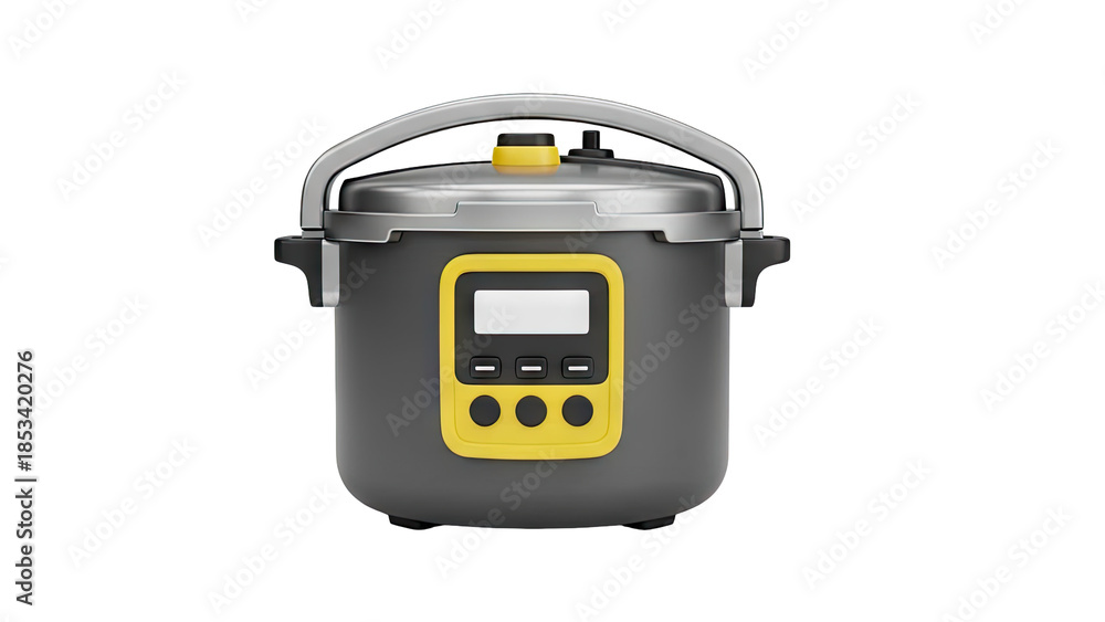 Fototapeta premium Modern Gray and Yellow Electric Pressure Cooker on White Background