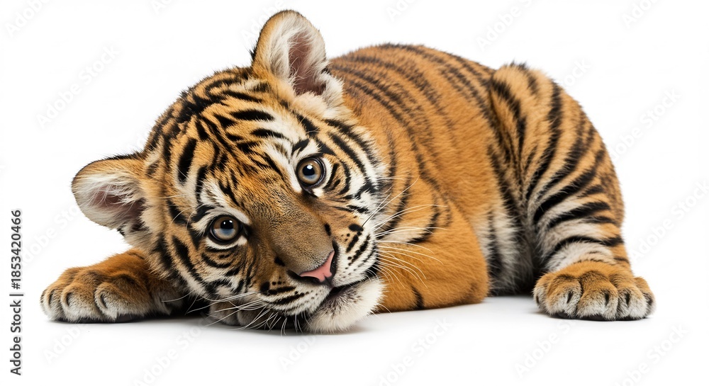Obraz premium Playful baby tiger cub poses charmingly on a stark white studio floor with a curious gaze under gentle illumination. AI Generated