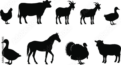 a collection of black silhouettes depicts various farm animals including a cow horse sheep chicken and turkey high quality professional detailed