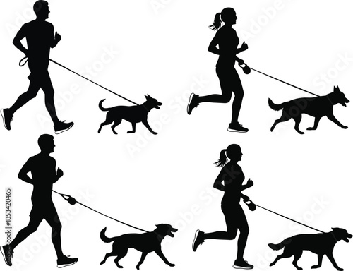 Silhouettes of people jogging and running with their canine companions showcasing an active and healthy lifestyle outdoors high quality professional detailed