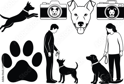 A black and white illustration depicts a dog jumping cameras with animal faces people with dogs and a paw print showing pet photography