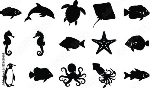 A collection of black silhouette marine life illustrations including dolphins seahorses turtles fish and other ocean creatures displayed together high quality