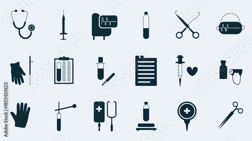 Medical icons set including stethoscope, syringe, and pills on light gray background vector