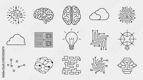 Black and white line art icons of technology and brain concepts on a light gray background vector