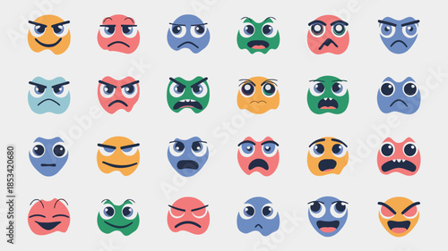 Collection of colorful cartoon faces with various emotions on white background vector