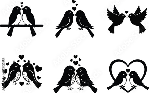 A collection of black silhouette illustrations depicting pairs of lovebirds perched together with hearts symbolizing romance and affection high quality professional