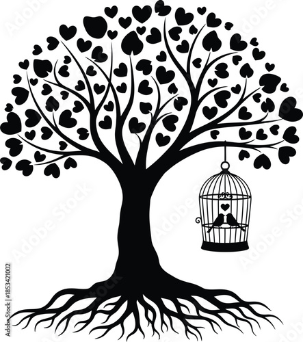 a striking black and white illustration depicts a tree formed entirely of hearts with a hanging birdcage below high quality professional