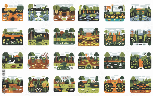 Collection of diverse landscape illustrations with various ecosystems and wildlife vector