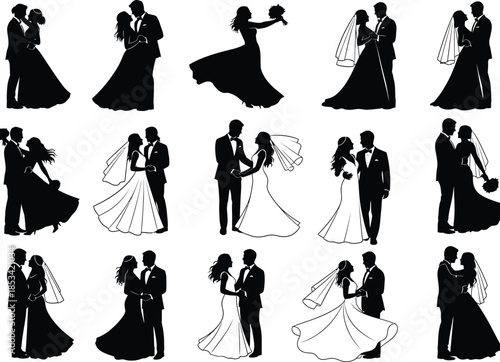 A collection of elegant black silhouette depictions showcasing various poses of couples during wedding ceremonies and celebrations with veils high quality