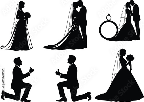 a collection of black silhouette graphics depicting various stages of a romantic wedding including proposals and embraces high quality professional detailed